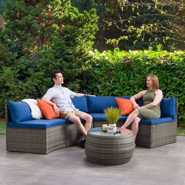 CorLiving Parksville Patio Sectional Set- Blended Grey Finish/Oxford Blue Cushions 3pc Image 3