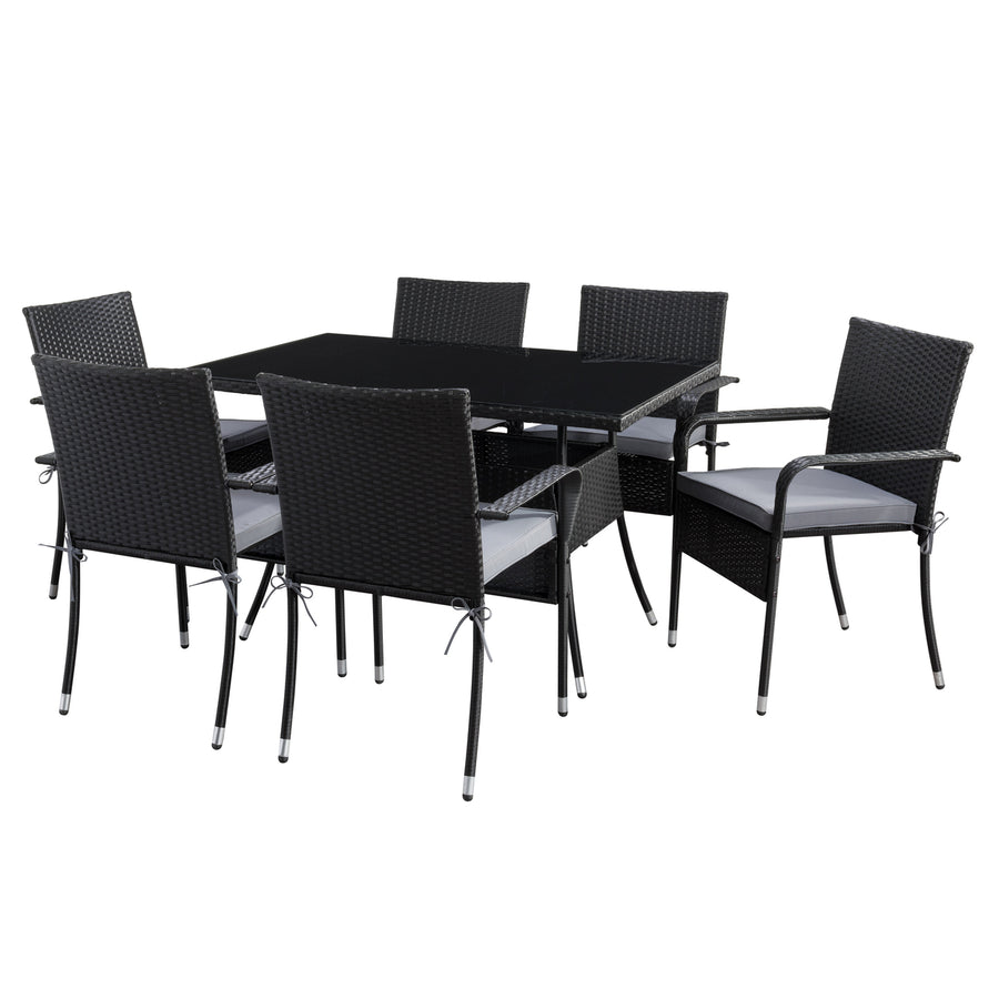 CorLiving Parksville Patio Dining Set with Stackable Chairs - Black Finish/Ash Grey Cushions 7pc Image 1