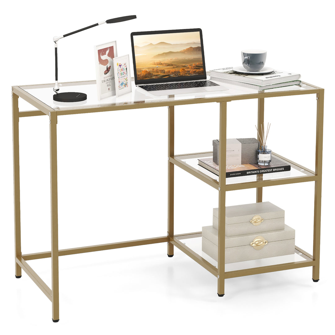 Computer Desk Tempered Glass Workstation Vanity Table w/ 2-Tier Storage Shelves Image 1