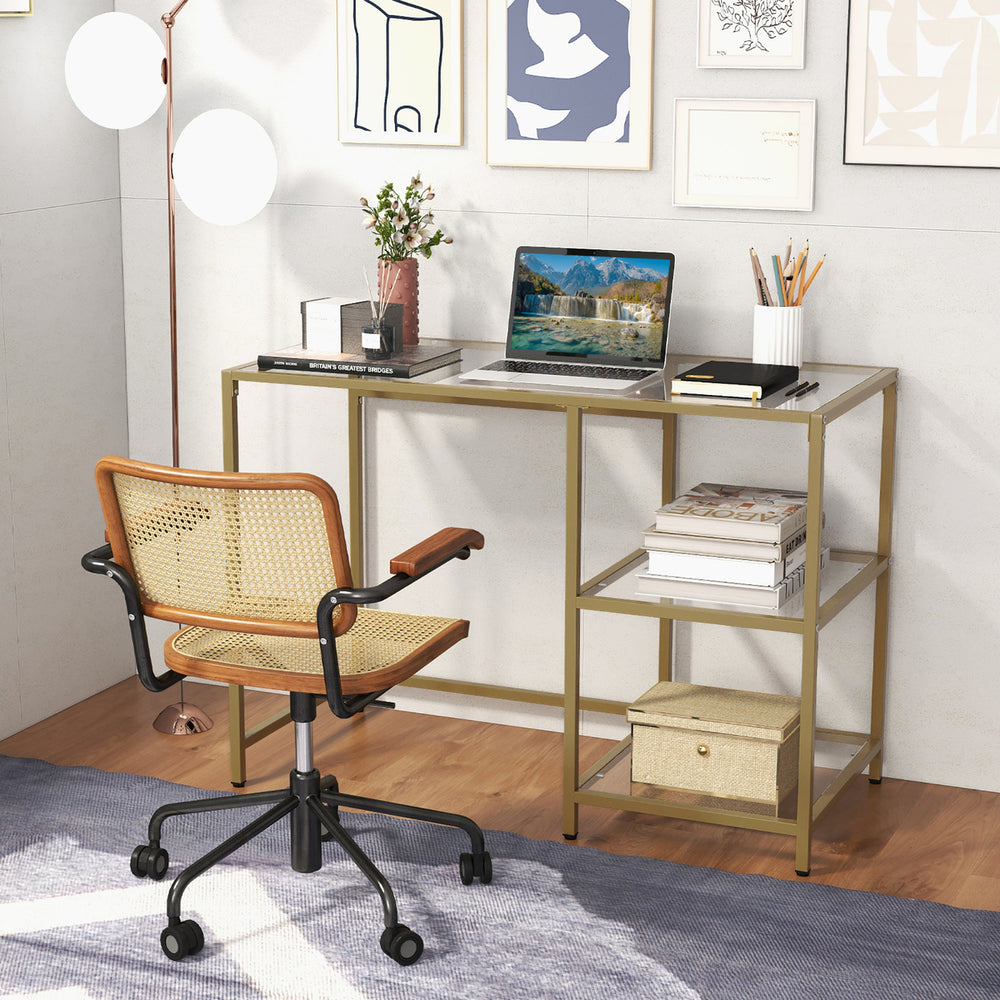 Computer Desk Tempered Glass Workstation Vanity Table w/ 2-Tier Storage Shelves Image 2