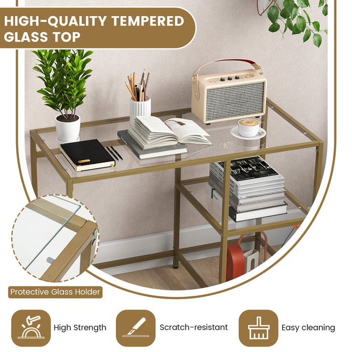 Computer Desk Tempered Glass Workstation Vanity Table w/ 2-Tier Storage Shelves Image 8