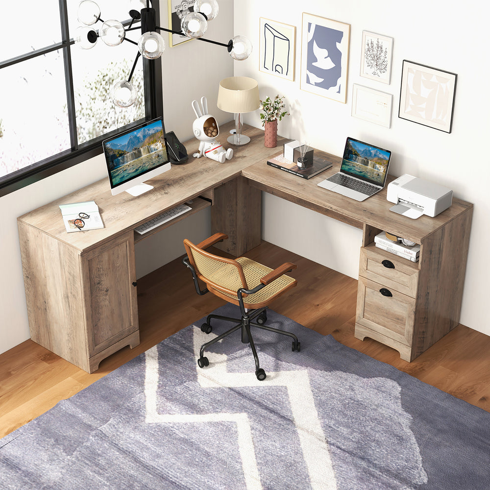 66 Inch L-Shaped Computer Desk Spacious Corner Desk w/ Drawers and Cabinet Image 2