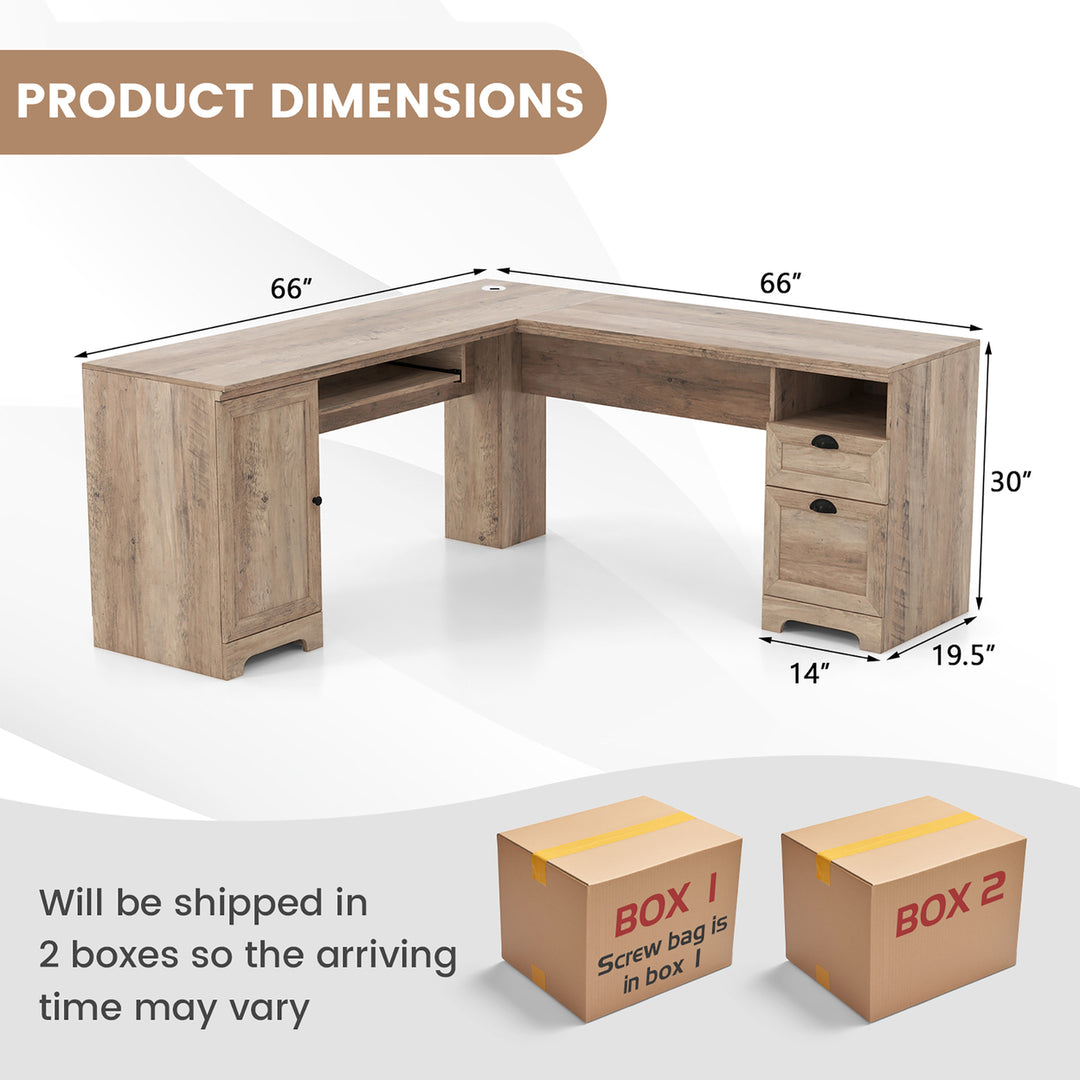 66 Inch L-Shaped Computer Desk Spacious Corner Desk w/ Drawers and Cabinet Image 3