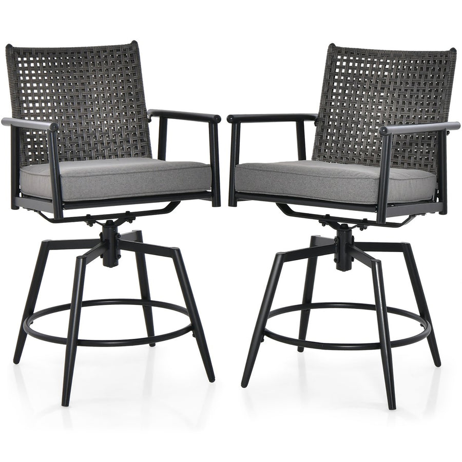 Patio Swivel Bar Stools Set of 2 Outdoor Counter Height Bar Chairs w/ PE Rattan Back Image 1