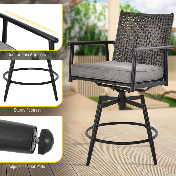 Patio Swivel Bar Stools Set of 4 Outdoor Counter Height Bar Chairs w/ PE Rattan Back Image 7