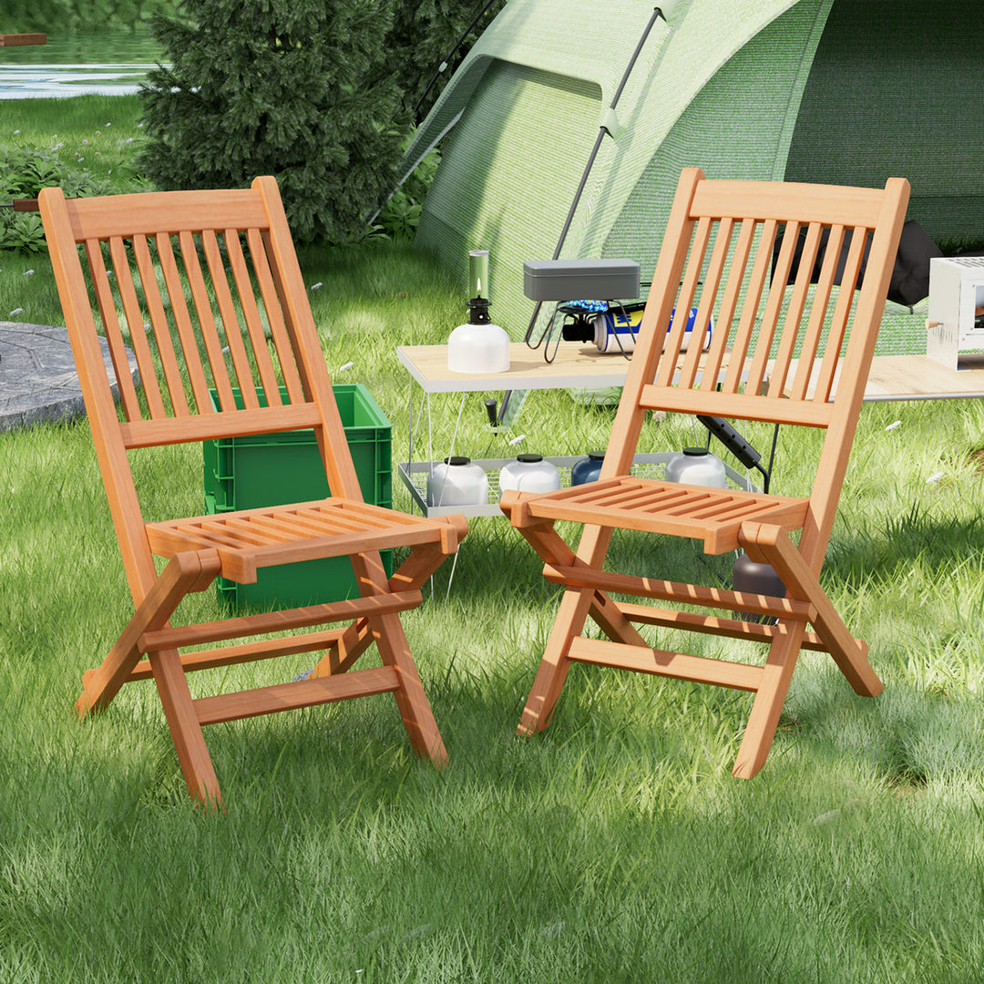 Set of 2 Indonesia Teak Wood Outdoor Chair Folding Portable Patio Chair w/ Slatted Seat and Back Image 1