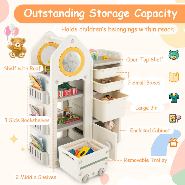 Kids Toy Storage Organizer Multipurpose Bookshelf w/ Cabinets and Mobile Trolley Image 5