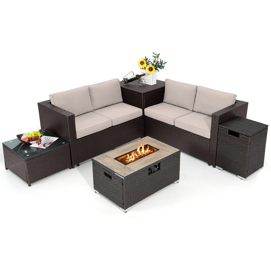 6 Piece Patio Sofa and Fire Table Set Outdoor Rattan Sectional Sofa Set w/ Storage Box Beige Image 1