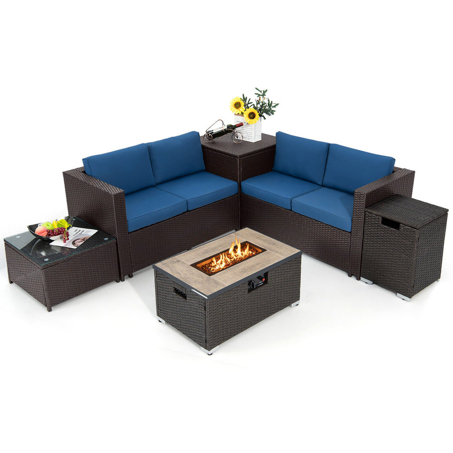 6 Piece Patio Sofa and Fire Table Set Outdoor Rattan Sectional Sofa Set w/ Storage Box Navy Image 1