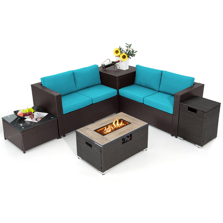 6 Piece Patio Sofa and Fire Table Set Outdoor Rattan Sectional Sofa Set w/ Storage Box Turquoise Image 1