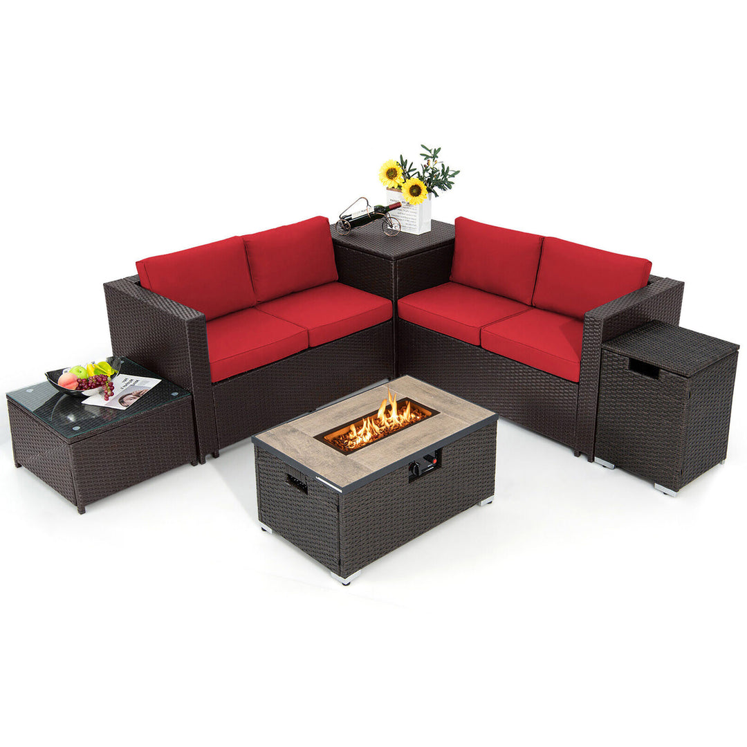 6 Piece Patio Sofa and Fire Table Set Outdoor Rattan Sectional Sofa Set w/ Storage Box Red Image 1