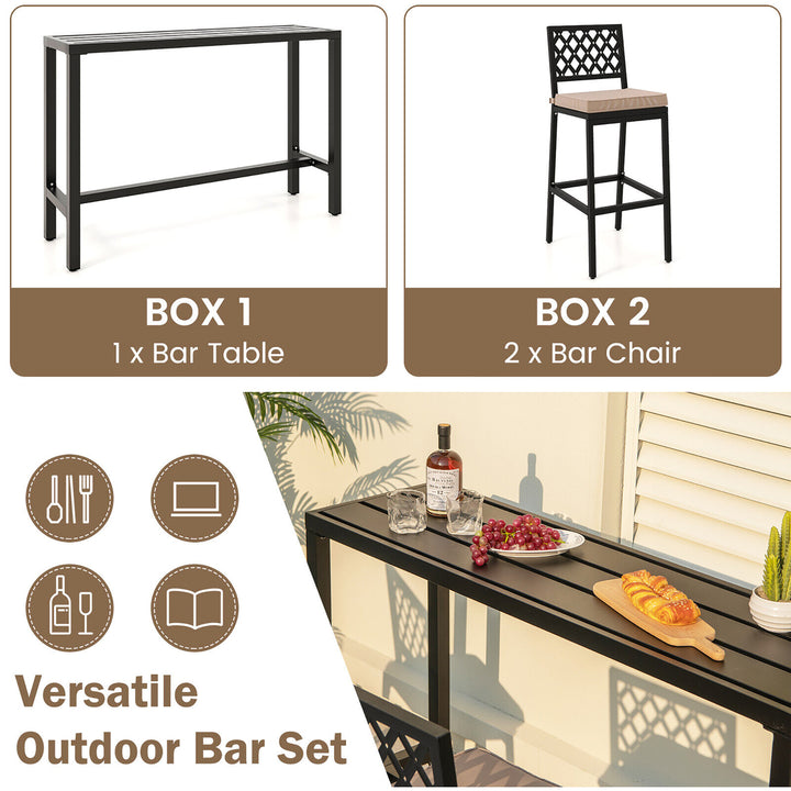 3PCS Outdoor Metal Bar Table and Chairs Set Patio Dining Table Set w/ Cushion Image 4