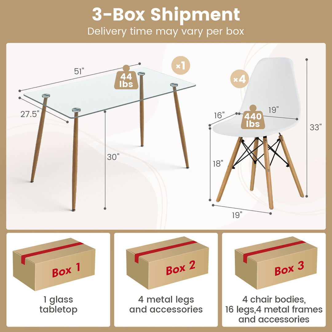 5 Pieces Dining Table Set for 4 Rectangle Glass Table and 4 Modern Chairs for Home Image 2