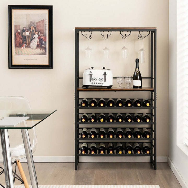 32 Bottles Wine Rack Rustic Wine Storage Holder Freestanding W/ Glass Holder Image 5