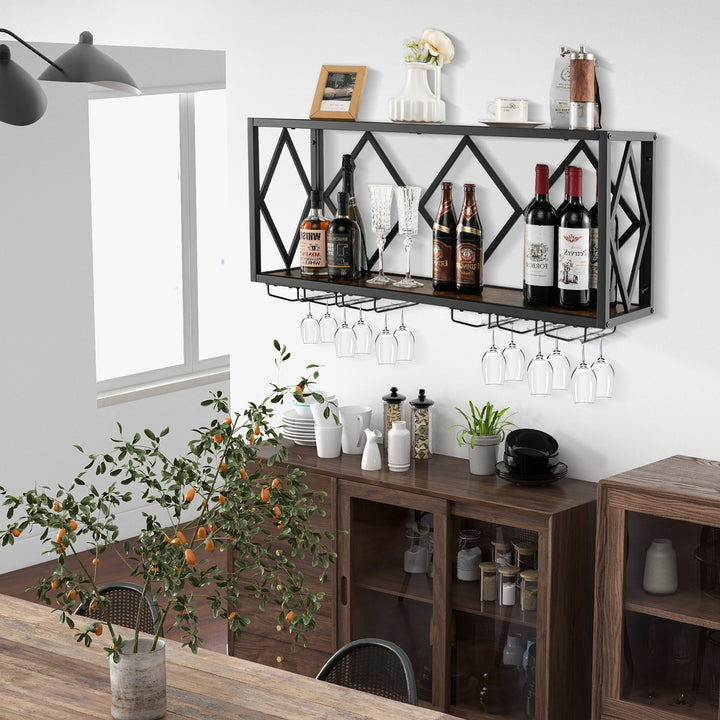 Wall Mounted Wine Rack Industrial Storage Display Shelf Glass Holder Kitchen Image 2