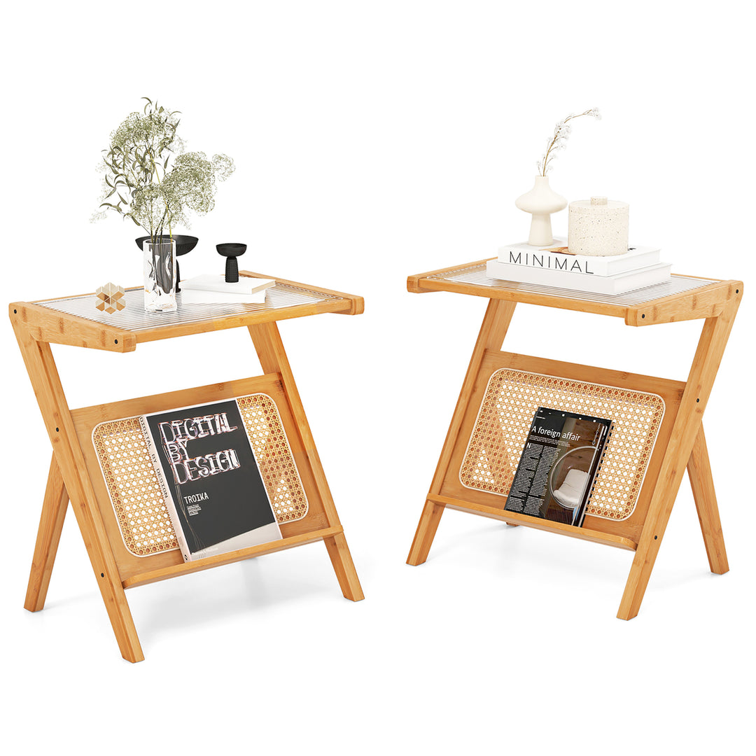 2 Pieces Boho End Table with Magazine Rack Versatile Bamboo Bedside Table w/ Rattan Shelf Natural Image 1