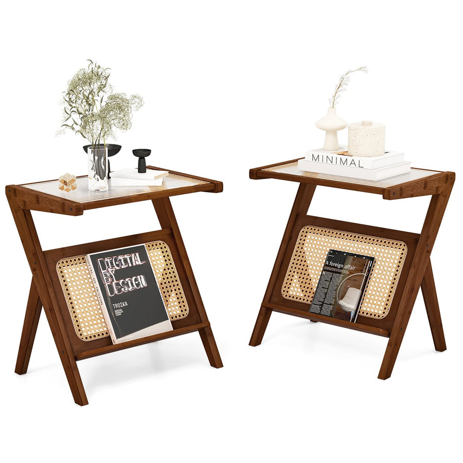 2 Pieces Boho End Table with Magazine Rack Versatile Bamboo Bedside Table w/ Rattan Shelf Walnut Image 1