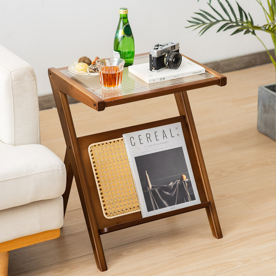 2 Pieces Boho End Table with Magazine Rack Versatile Bamboo Bedside Table w/ Rattan Shelf Walnut Image 2