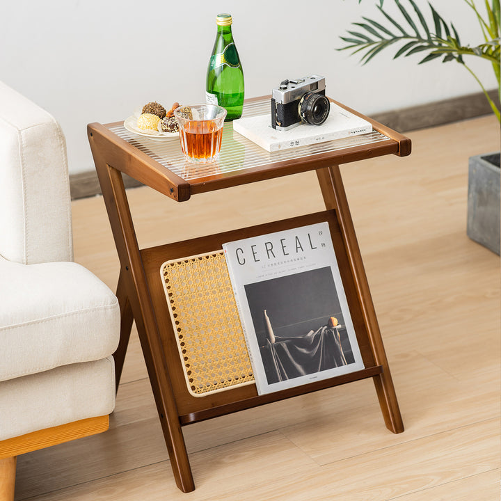 2 Pieces Boho End Table with Magazine Rack Versatile Bamboo Bedside Table w/ Rattan Shelf Walnut Image 2