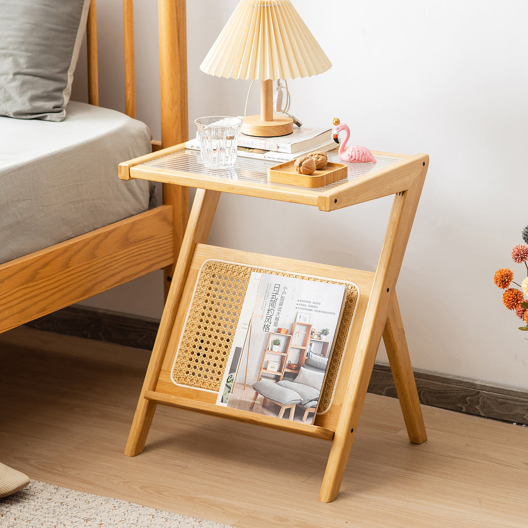 2 Pieces Boho End Table with Magazine Rack Versatile Bamboo Bedside Table w/ Rattan Shelf Natural Image 2