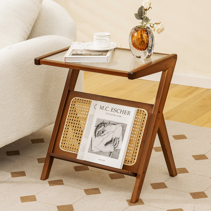 2 Pieces Boho End Table with Magazine Rack Versatile Bamboo Bedside Table w/ Rattan Shelf Walnut Image 4