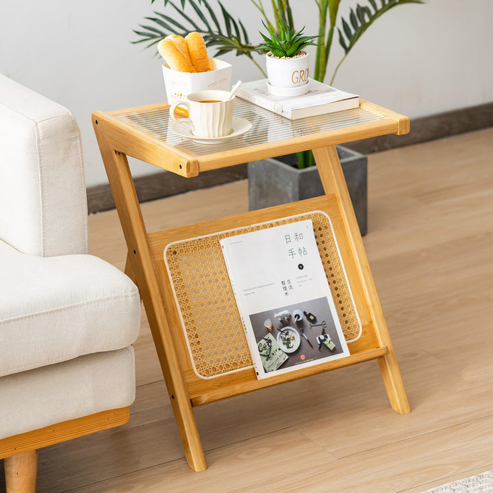 2 Pieces Boho End Table with Magazine Rack Versatile Bamboo Bedside Table w/ Rattan Shelf Natural Image 4