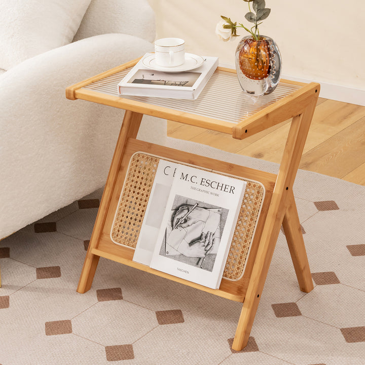 2 Pieces Boho End Table with Magazine Rack Versatile Bamboo Bedside Table w/ Rattan Shelf Natural Image 5