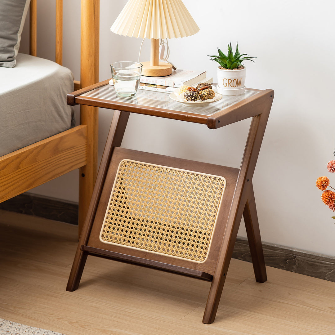 2 Pieces Boho End Table with Magazine Rack Versatile Bamboo Bedside Table w/ Rattan Shelf Walnut Image 5