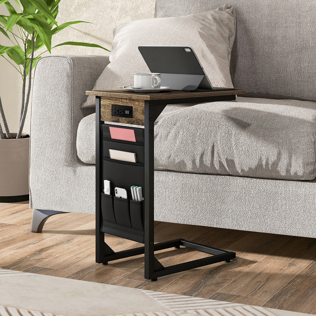 2PCS C Shaped End Table Sofa Side Table with Charging Station and Side Storage Bag Image 6