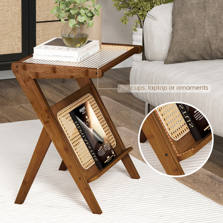 2 Pieces Boho End Table with Magazine Rack Versatile Bamboo Bedside Table w/ Rattan Shelf Walnut Image 8