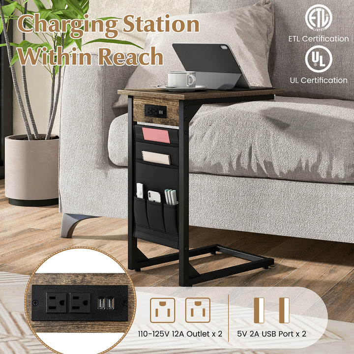 2PCS C Shaped End Table Sofa Side Table with Charging Station and Side Storage Bag Image 8