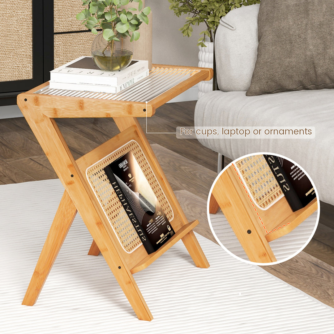 2 Pieces Boho End Table with Magazine Rack Versatile Bamboo Bedside Table w/ Rattan Shelf Natural Image 8