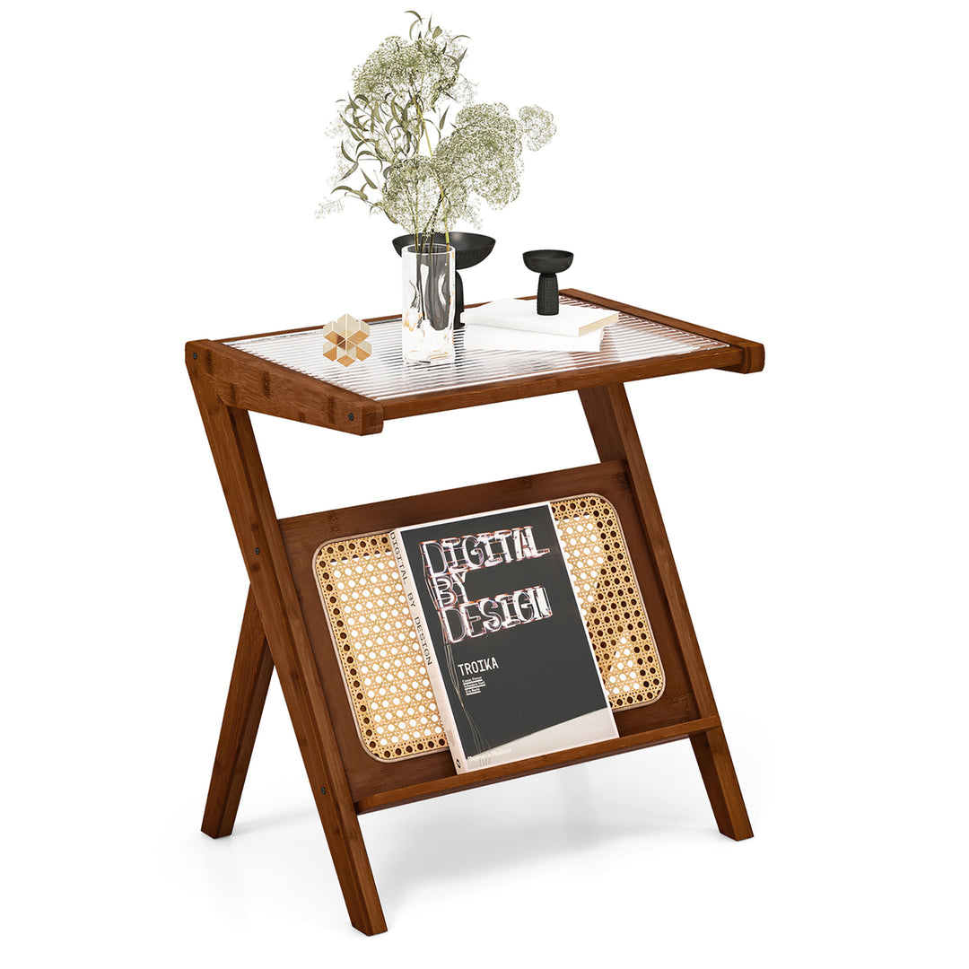 2 Pieces Boho End Table with Magazine Rack Versatile Bamboo Bedside Table w/ Rattan Shelf Walnut Image 10