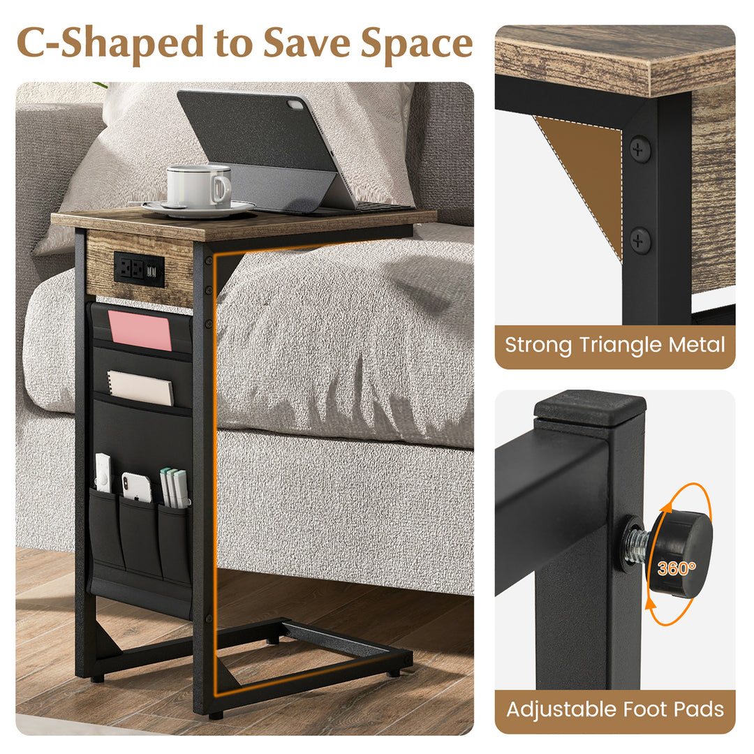 2PCS C Shaped End Table Sofa Side Table with Charging Station and Side Storage Bag Image 10