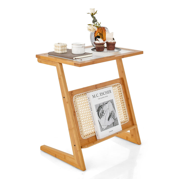 Z-shaped End Table Glass Top Bamboo Side Table w/ Magazine Rack and Rattan Shelf Image 1