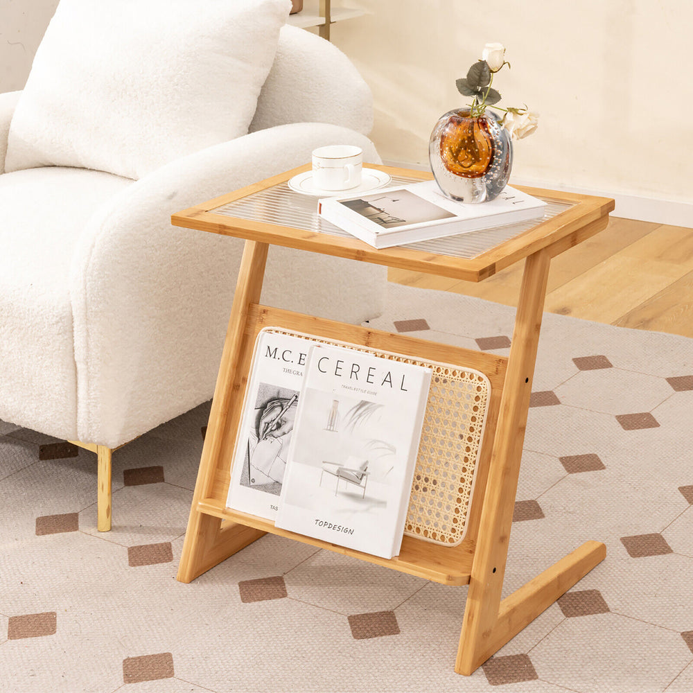 Z-shaped End Table Glass Top Bamboo Side Table w/ Magazine Rack and Rattan Shelf Image 2