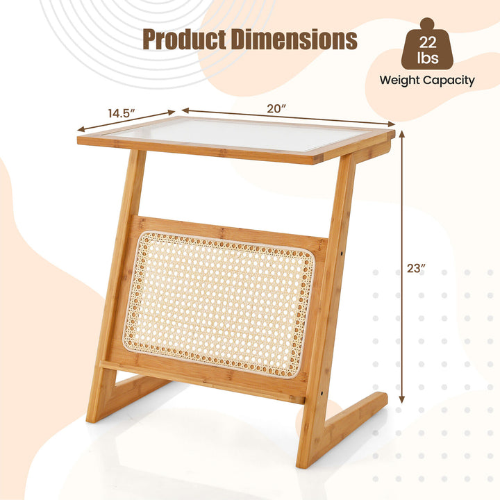 Z-shaped End Table Glass Top Bamboo Side Table w/ Magazine Rack and Rattan Shelf Image 3