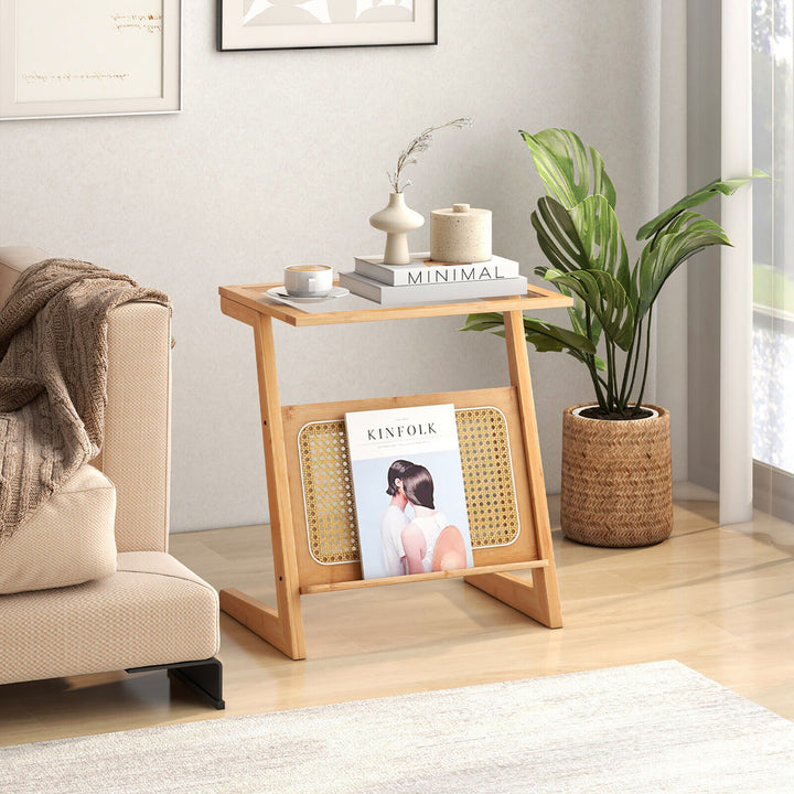 Z-shaped End Table Glass Top Bamboo Side Table w/ Magazine Rack and Rattan Shelf Image 5