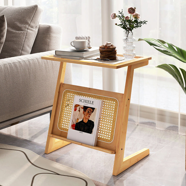 Z-shaped End Table Glass Top Bamboo Side Table w/ Magazine Rack and Rattan Shelf Image 6