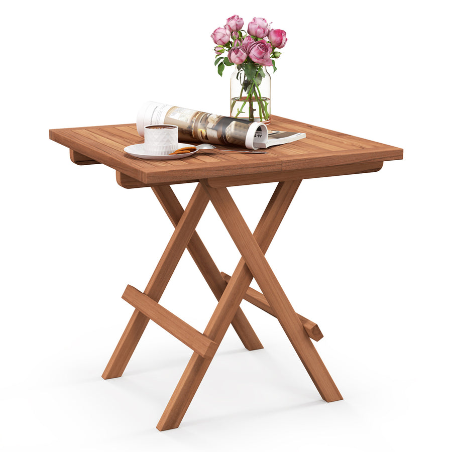 Indonesia Teak Wood Folding End Table Square Side Table w/ Slatted Tabletop Yard Natural Image 1