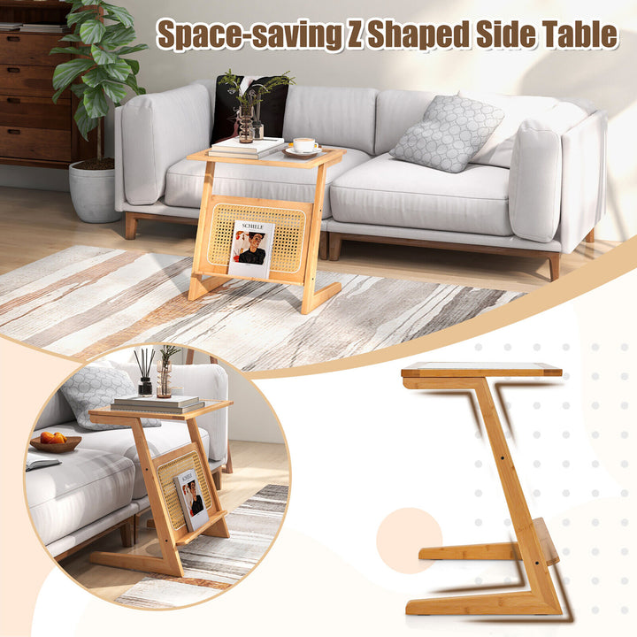 Z-shaped End Table Glass Top Bamboo Side Table w/ Magazine Rack and Rattan Shelf Image 9