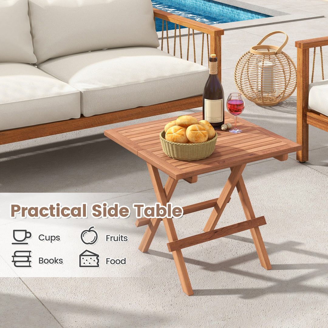 Indonesia Teak Wood Folding End Table Square Side Table w/ Slatted Tabletop Yard Natural Image 8