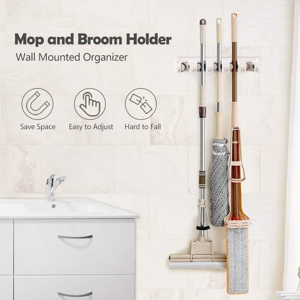 Mop Holder Hanger 5 Position Home Kitchen Storage Broom Organizer Wall Mounted Image 2