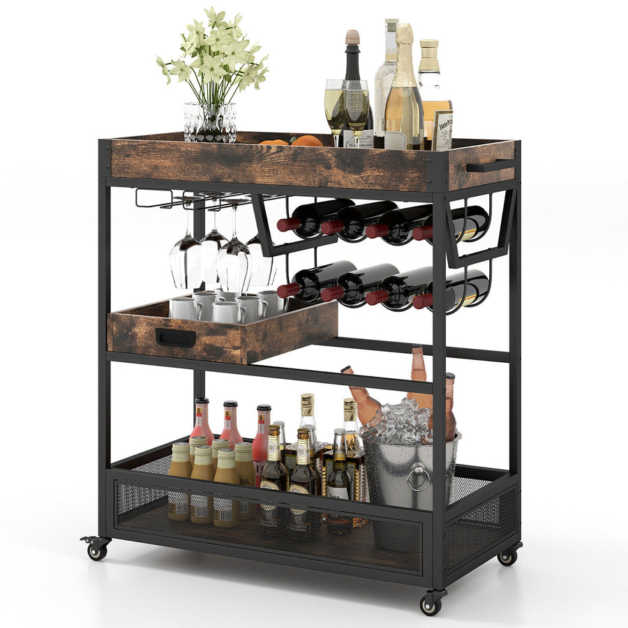 Rolling Bar Cart 3-Tier Industrial Buffet Serving Trolley w/ Wine Rack and Tray Image 1