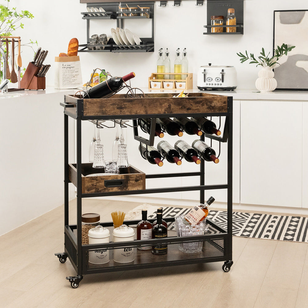 Rolling Bar Cart 3-Tier Industrial Buffet Serving Trolley w/ Wine Rack and Tray Image 2