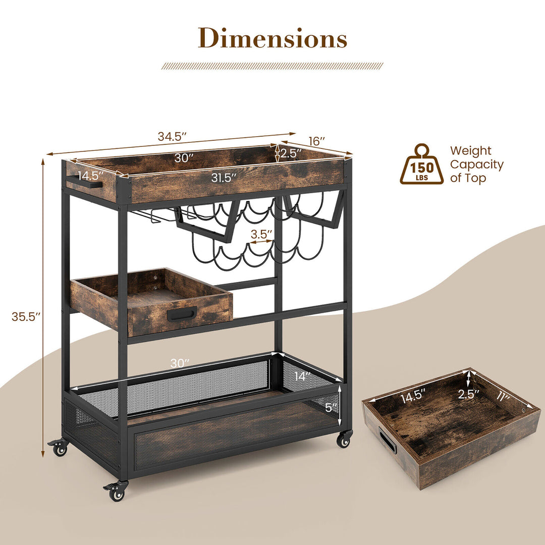 Rolling Bar Cart 3-Tier Industrial Buffet Serving Trolley w/ Wine Rack and Tray Image 3