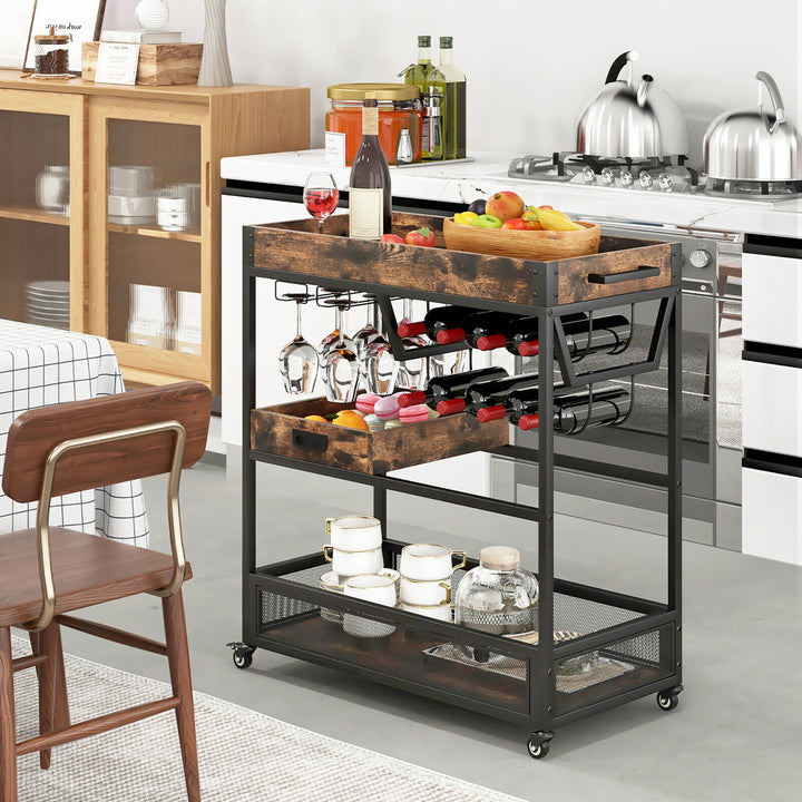 Rolling Bar Cart 3-Tier Industrial Buffet Serving Trolley w/ Wine Rack and Tray Image 5