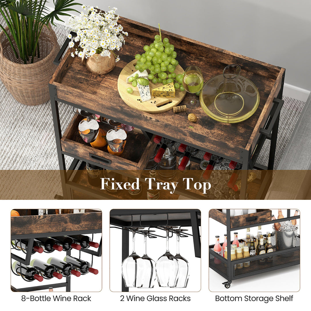 Rolling Bar Cart 3-Tier Industrial Buffet Serving Trolley w/ Wine Rack and Tray Image 6