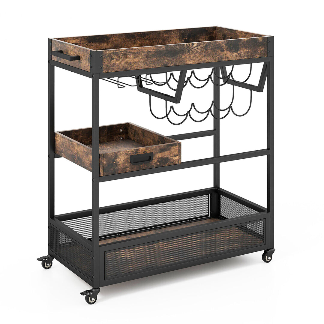 Rolling Bar Cart 3-Tier Industrial Buffet Serving Trolley w/ Wine Rack and Tray Image 10