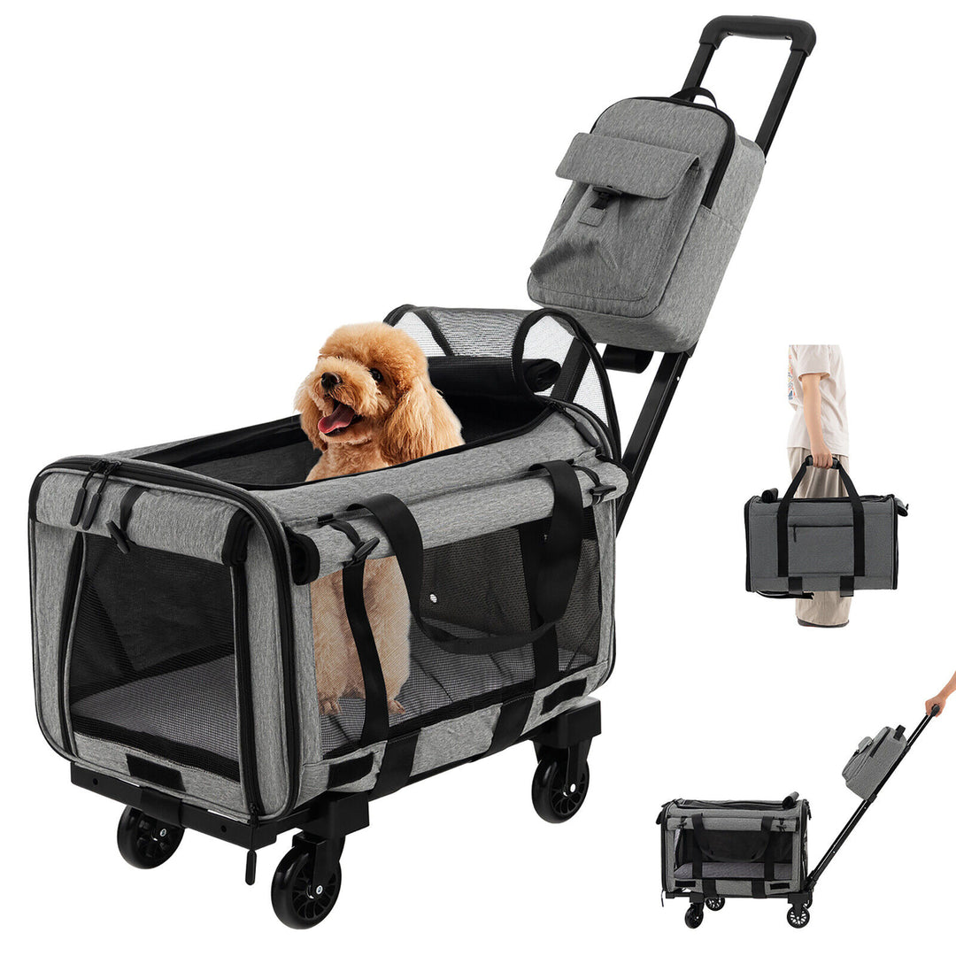 Cat Carrier with Wheels Large Rolling Cat Dog Carrier w/Telescopic Handle Grey Image 1